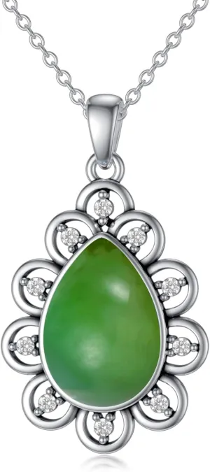 Sterling Silver Genuine Turquoise/Jade Drop Necklace for Women, Delicate Vintage Natural Teardrop Gemstone Pendant Jewelry Gift for Her