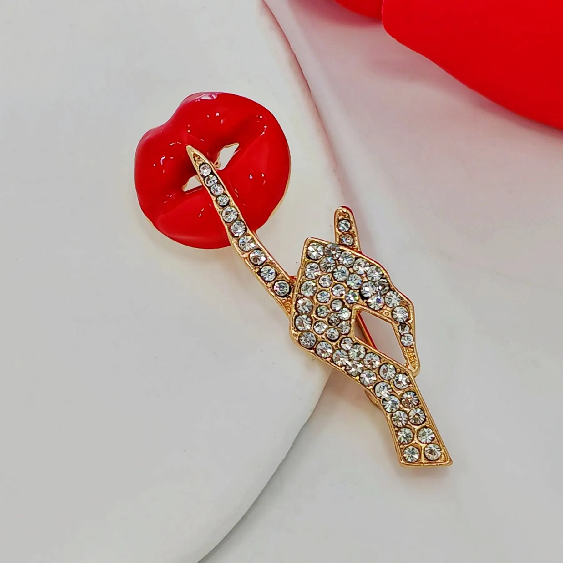 Stunning Red Lip &Gesture Brooch Pin Shh Women Keep Quiet Jewelry
