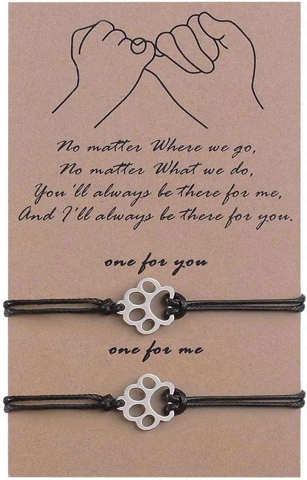 SUNSH Vet Tech Gifts 2Pcs Charm Dog Cat Paw Bracelets for Women Teen Girls Boy Kids Couple Pinky Promise Handmade Adjustable String with Wish Card Jewelry Lover Mother Daughter Friendship Gifts
