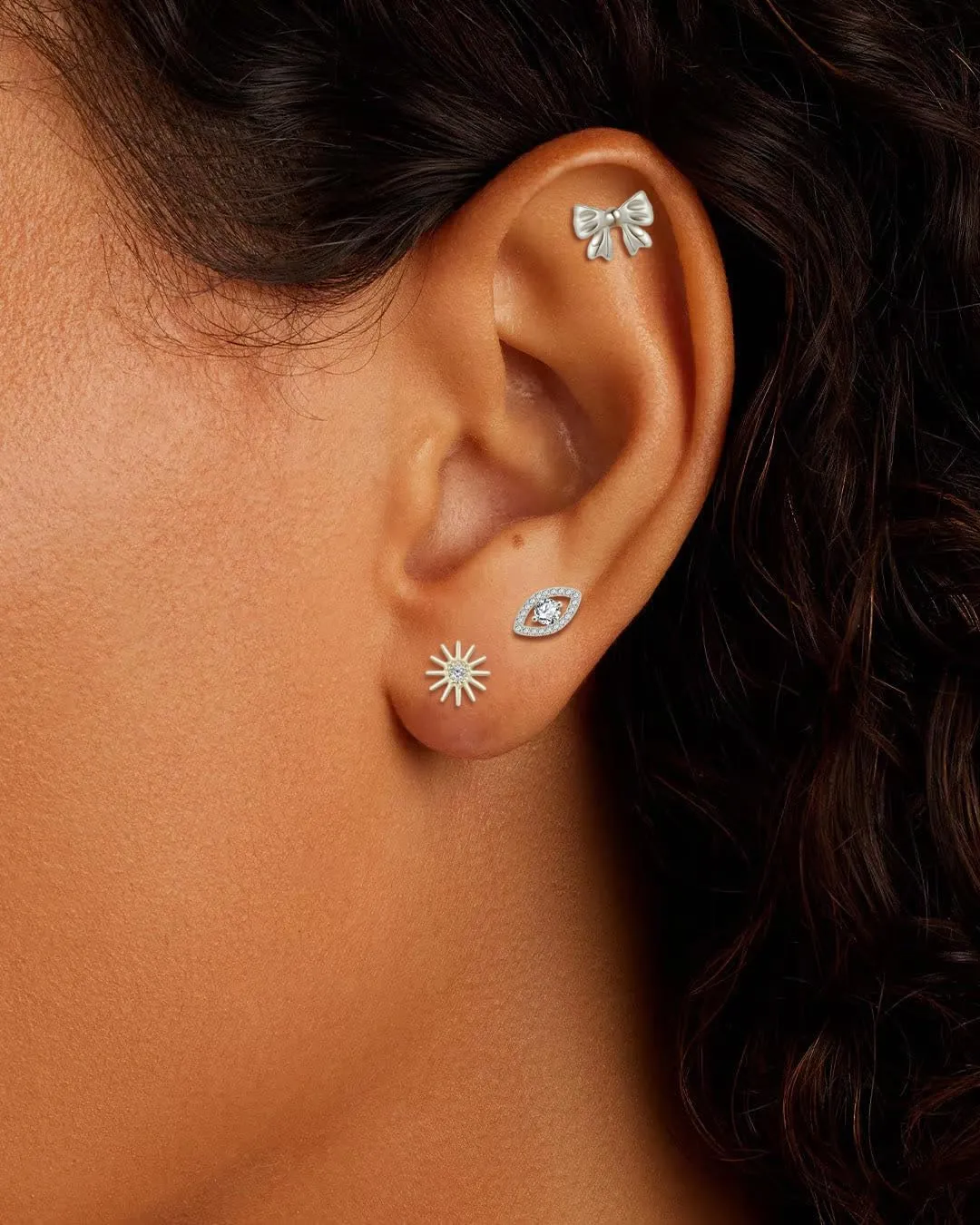 Sweetkiki Flat Back Earrings, Star Bow Evil Eye Stud Earrings in 14K Gold Plated Hypoallergenic | Cartilage Earring | Tragus Helix Piercing Jewelry | Threadless Push in Flatback Nap Earrings for Women