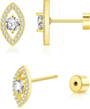 Sweetkiki Flat Back Earrings, Star Bow Evil Eye Stud Earrings in 14K Gold Plated Hypoallergenic | Cartilage Earring | Tragus Helix Piercing Jewelry | Threadless Push in Flatback Nap Earrings for Women