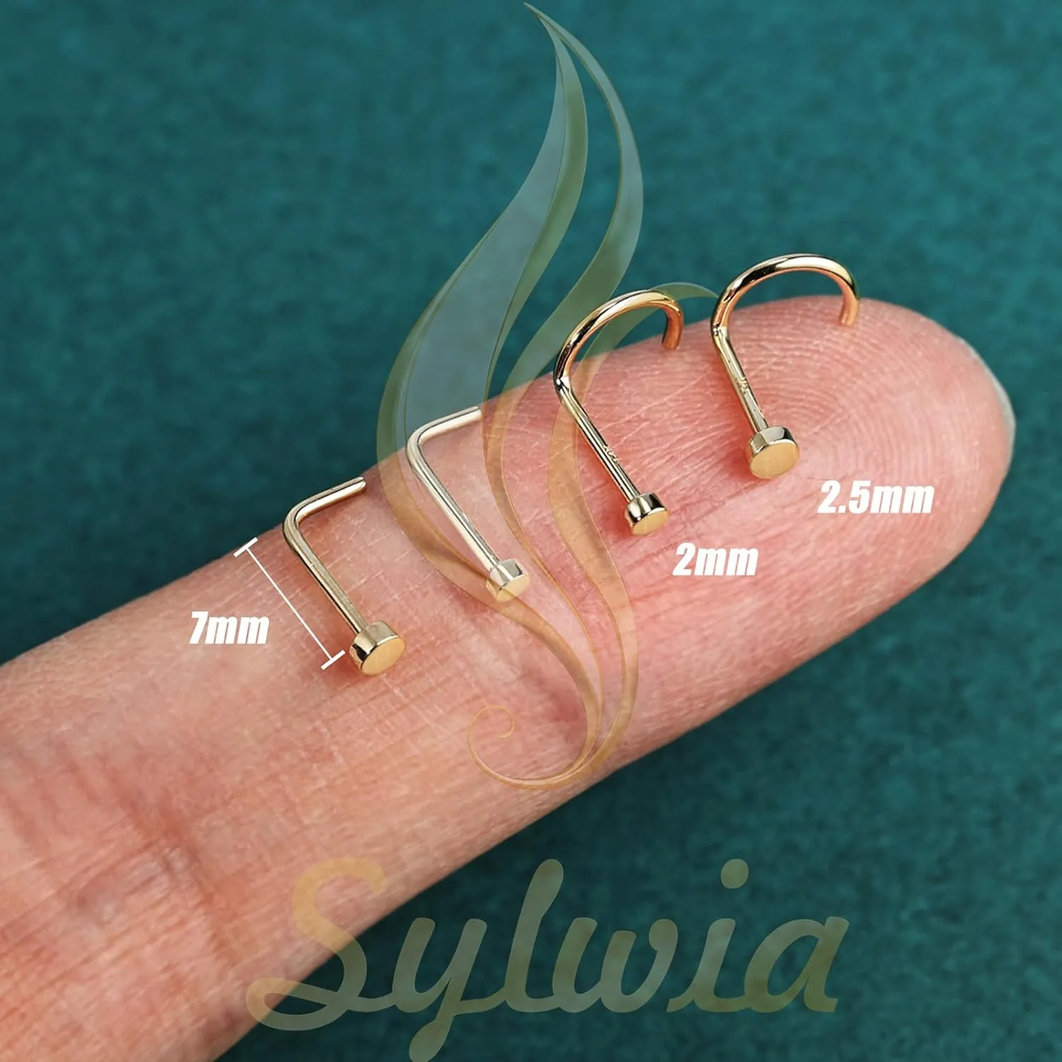 SYLWIA 14K Real Gold Nose Studs, 18G 20G Solid Gold L-Shaped Nose Rings, 2/2.5MM Ball Cute Nose Stud Ring Hypoallergenic Nose Piercings for Women Men
