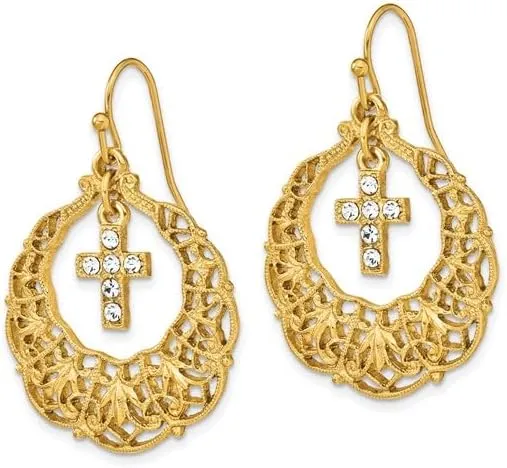 Symbols of Faith Gold-tone Ornate Frame with Clear Crystal Cross Dangle Earrings