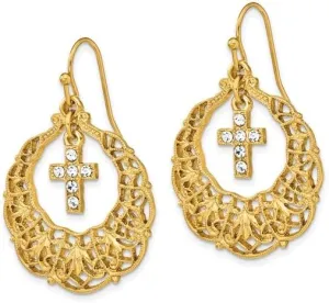 Symbols of Faith Gold-tone Ornate Frame with Clear Crystal Cross Dangle Earrings
