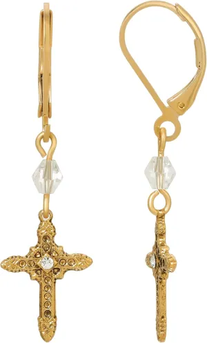 Symbols Of Faith Women's Ornate Cross With Crystal & Lantern Bead Dangling Earrings