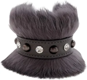 TFJ Women Fashion Jewelry Pewter Metal Studs Wrist Bracelet Gray Faux Rabbit Fur Silver Bling Beads