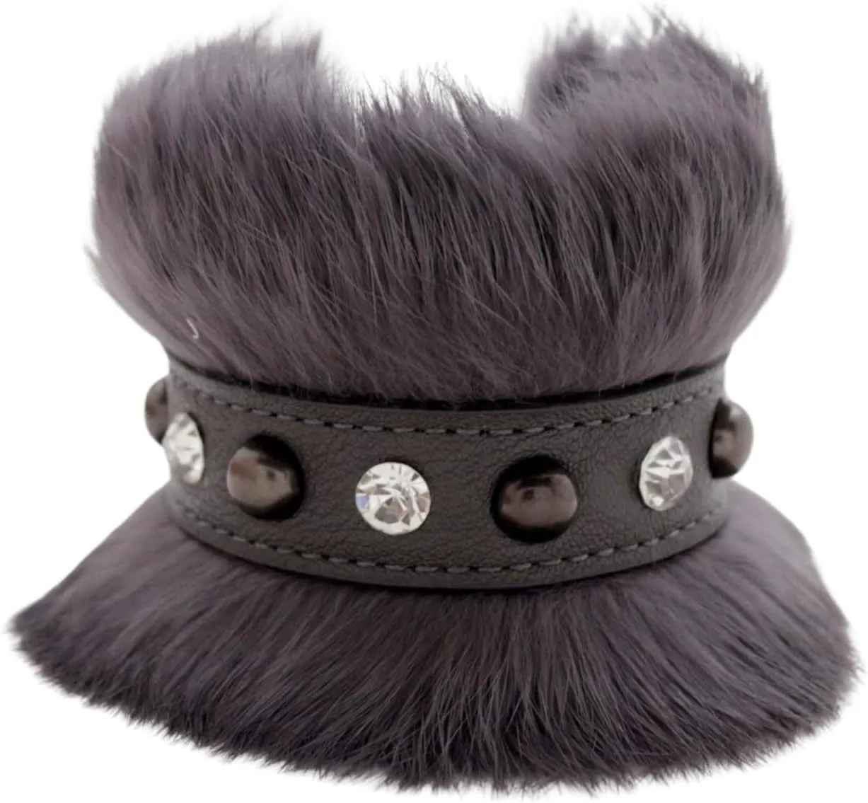 TFJ Women Fashion Jewelry Pewter Metal Studs Wrist Bracelet Gray Faux Rabbit Fur Silver Bling Beads