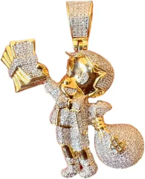 TGDJ 10K Yellow Gold .80 CT Diamond Men's Richie Rich Money Bag Pendant, Hip Hop Big Iced Out Charm Cartoon Character Pendant, Diamond Jewelry