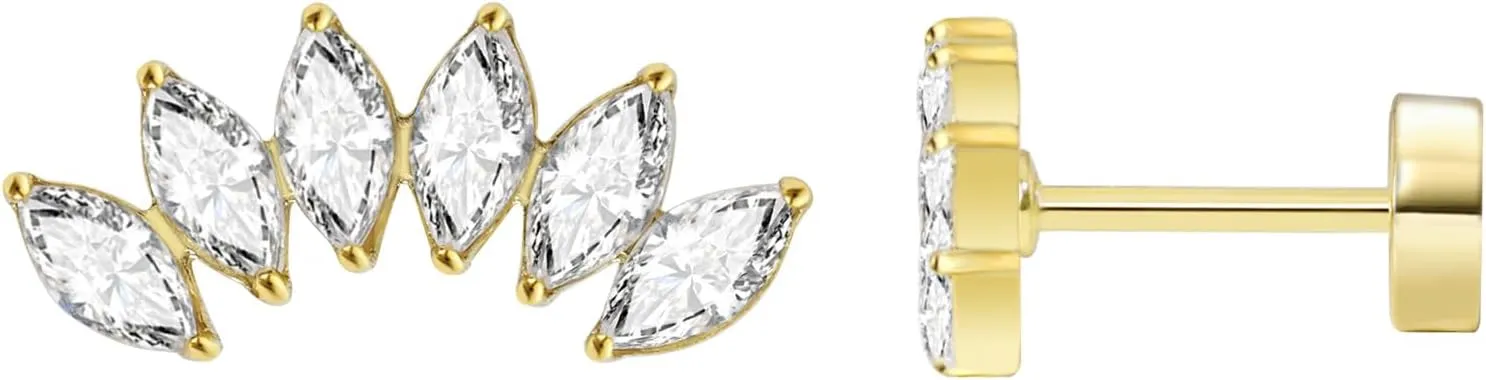 Threadless Flat Back Earrings, Hypoallergenic 14K Real Gold Plated CZ Butterfly, Flower, Crawler Stud Earrings | Cartilage Earring | Tragus Helix Piercing Jewelry | Push in Flatback Earrings for Women Men