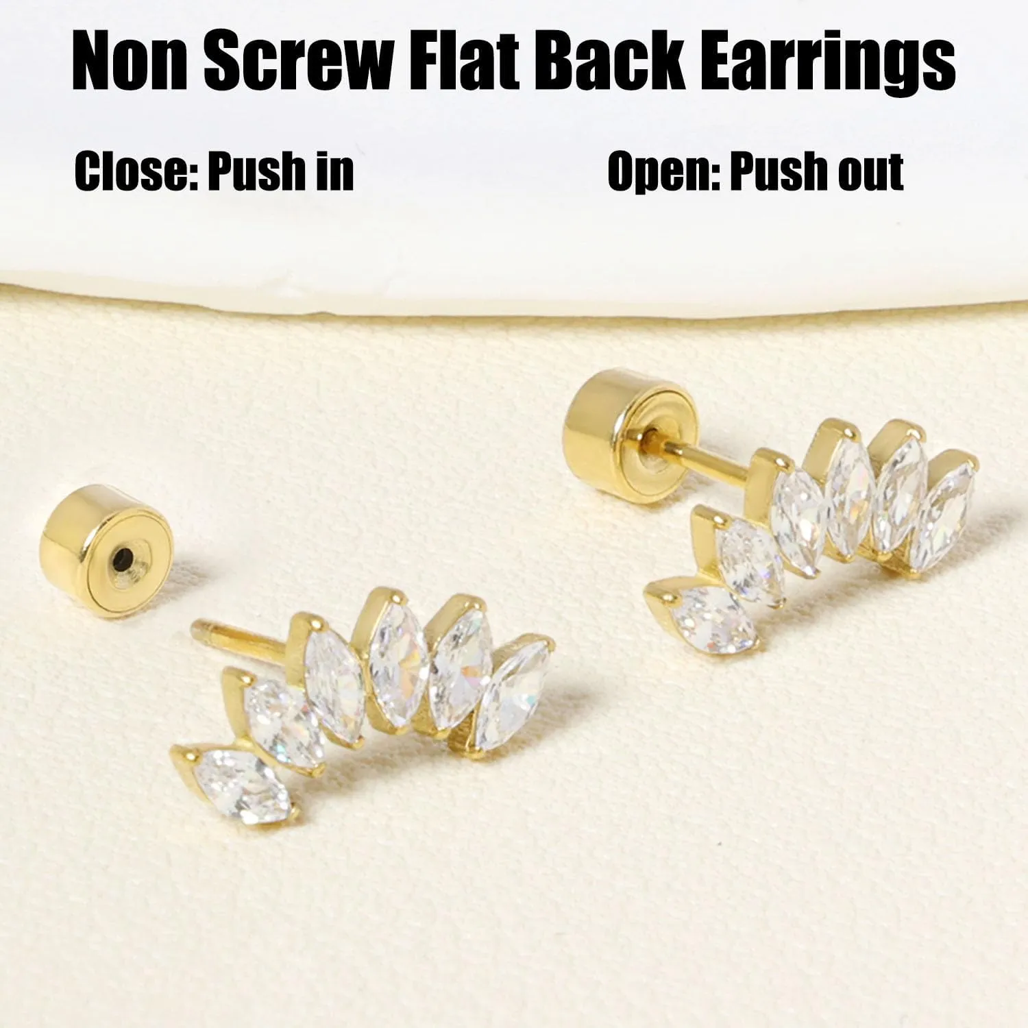 Threadless Flat Back Earrings, Hypoallergenic 14K Real Gold Plated CZ Butterfly, Flower, Crawler Stud Earrings | Cartilage Earring | Tragus Helix Piercing Jewelry | Push in Flatback Earrings for Women Men