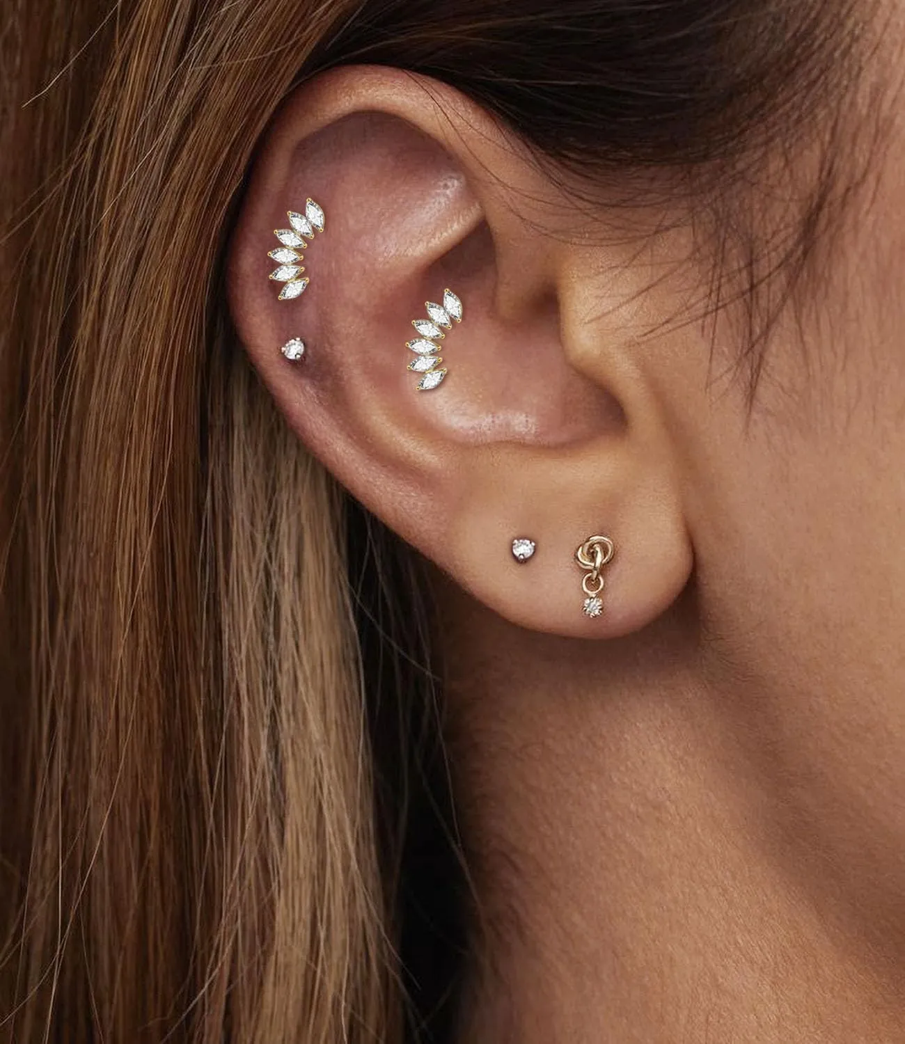 Threadless Flat Back Earrings, Hypoallergenic 14K Real Gold Plated CZ Butterfly, Flower, Crawler Stud Earrings | Cartilage Earring | Tragus Helix Piercing Jewelry | Push in Flatback Earrings for Women Men