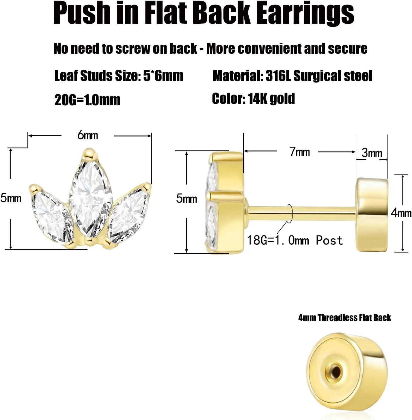 Threadless Flat Back Earrings, Hypoallergenic 14K Real Gold Plated CZ Leaf Stud Earrings | Cartilage Earring | Tragus Helix Piercing Jewelry | Push in Flatback Earrings for Women