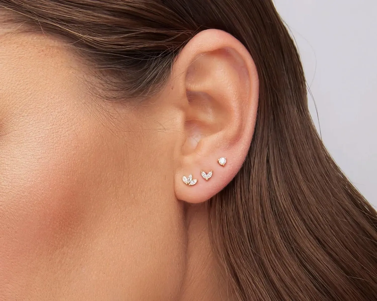 Threadless Flat Back Earrings, Hypoallergenic 14K Real Gold Plated CZ Leaf Stud Earrings | Cartilage Earring | Tragus Helix Piercing Jewelry | Push in Flatback Earrings for Women
