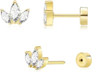 Threadless Flat Back Earrings, Hypoallergenic 14K Real Gold Plated CZ Leaf Stud Earrings | Cartilage Earring | Tragus Helix Piercing Jewelry | Push in Flatback Earrings for Women