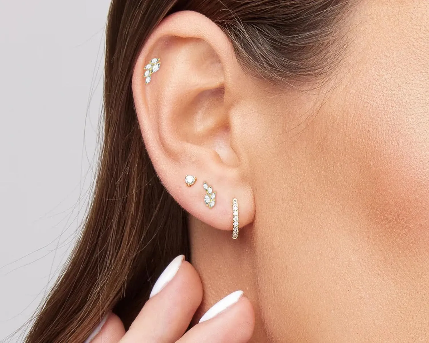 Threadless Flat Back Earrings, Hypoallergenic 14K Real Gold Plated CZ Leaf Stud Earrings | Cartilage Earring | Tragus Helix Piercing Jewelry | Push in Flatback Earrings for Women