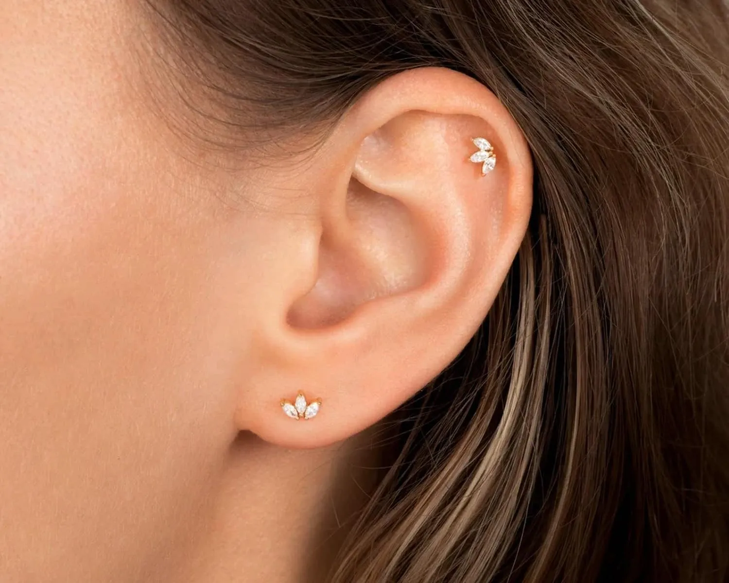 Threadless Flat Back Earrings, Hypoallergenic 14K Real Gold Plated CZ Leaf Stud Earrings | Cartilage Earring | Tragus Helix Piercing Jewelry | Push in Flatback Earrings for Women