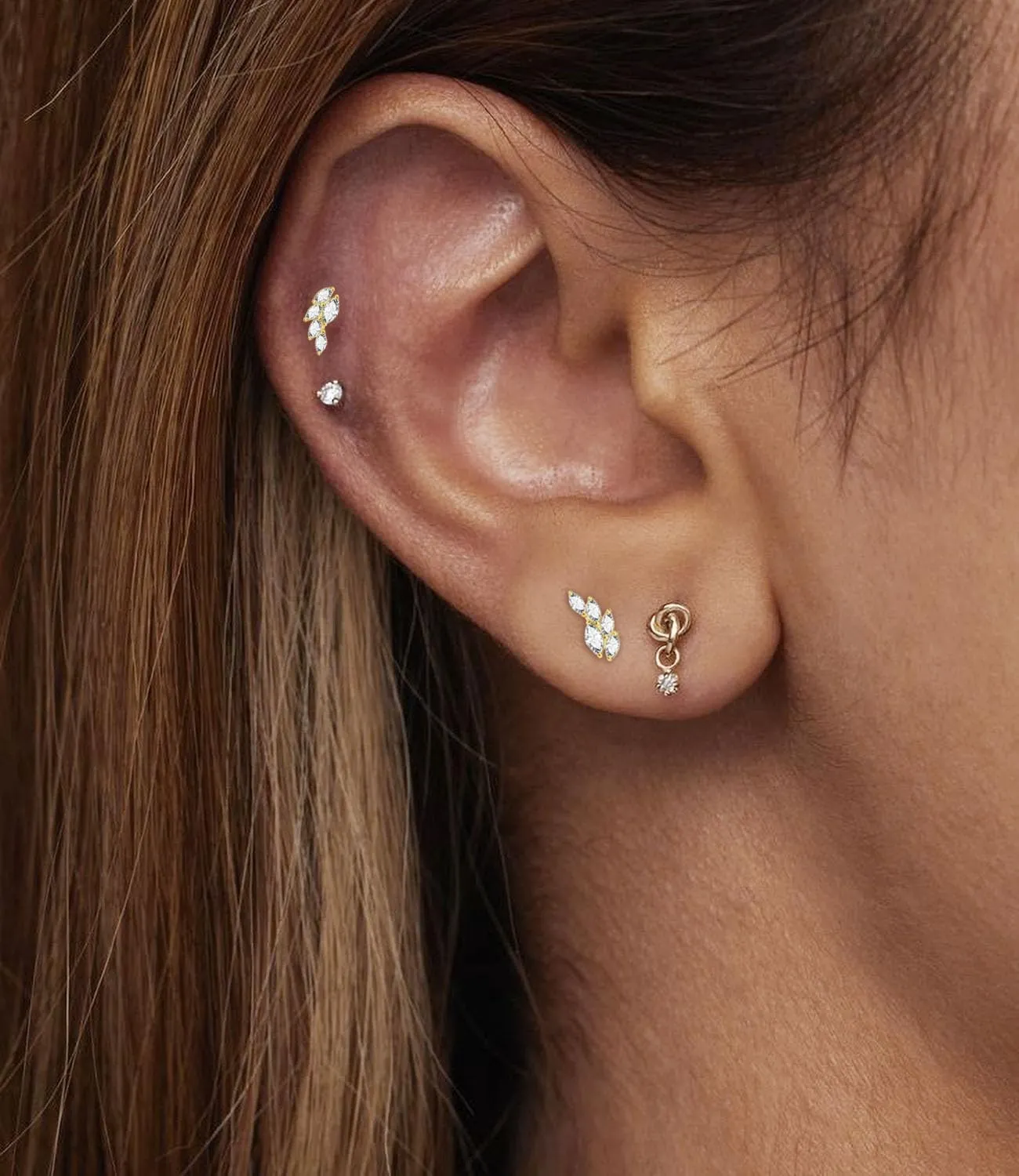 Threadless Flat Back Earrings, Hypoallergenic 14K Real Gold Plated CZ Leaf Stud Earrings | Cartilage Earring | Tragus Helix Piercing Jewelry | Push in Flatback Earrings for Women