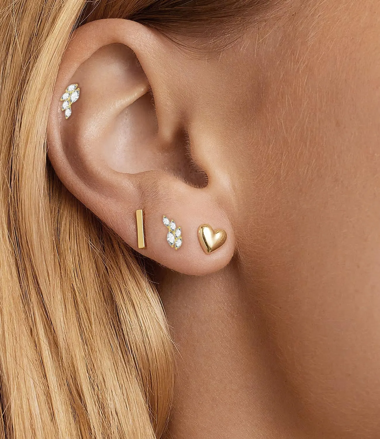 Threadless Flat Back Earrings, Hypoallergenic 14K Real Gold Plated CZ Leaf Stud Earrings | Cartilage Earring | Tragus Helix Piercing Jewelry | Push in Flatback Earrings for Women