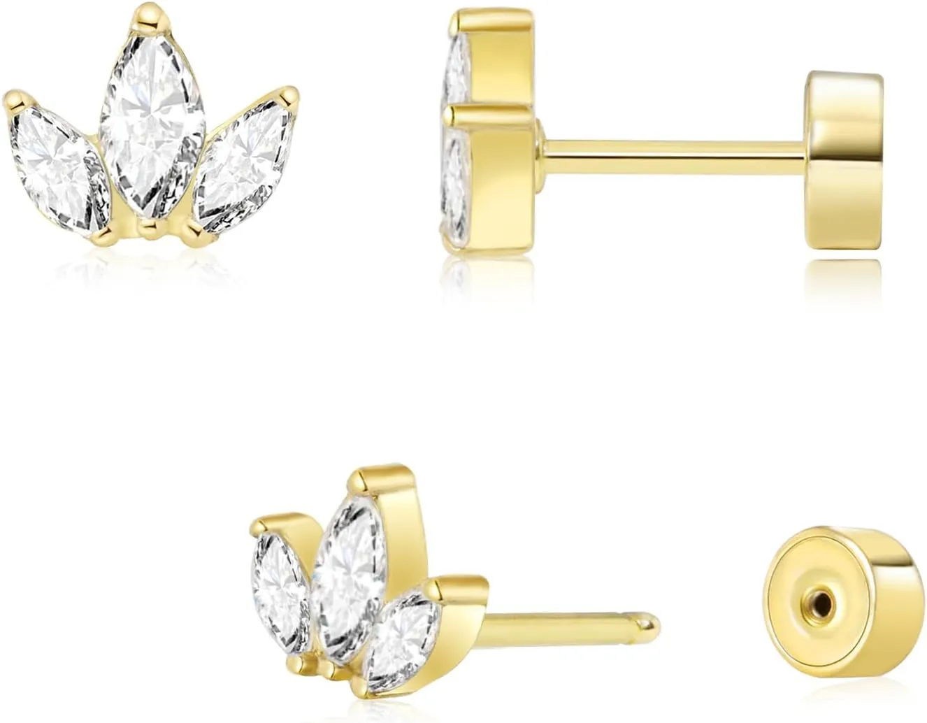 Threadless Flat Back Earrings, Hypoallergenic 14K Real Gold Plated CZ Leaf Stud Earrings | Cartilage Earring | Tragus Helix Piercing Jewelry | Push in Flatback Earrings for Women