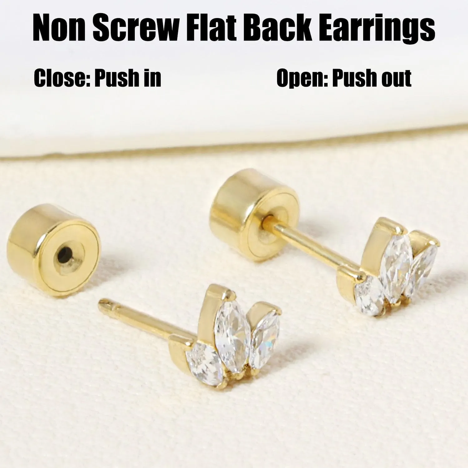 Threadless Flat Back Earrings, Hypoallergenic 14K Real Gold Plated CZ Leaf Stud Earrings | Cartilage Earring | Tragus Helix Piercing Jewelry | Push in Flatback Earrings for Women