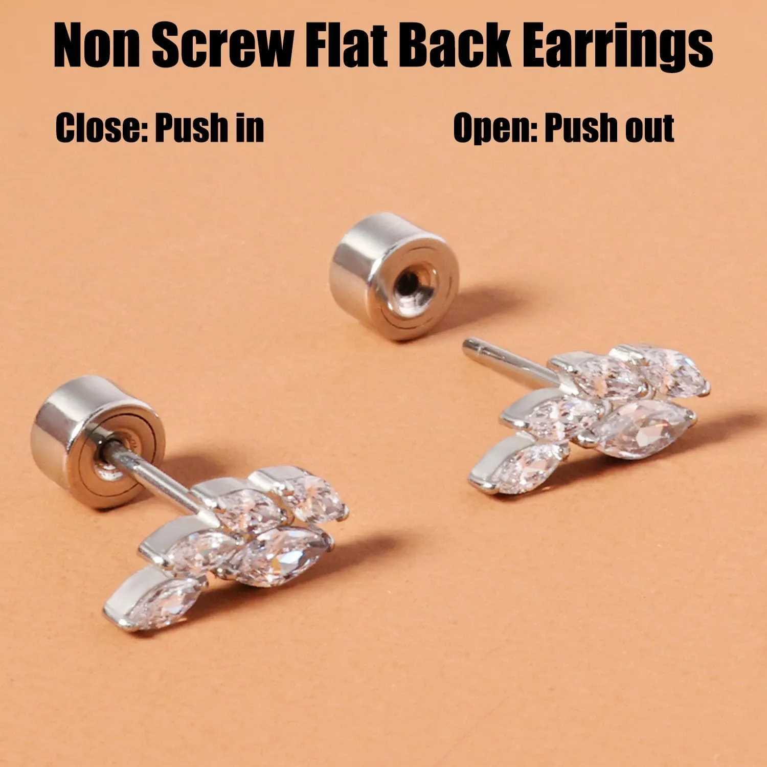 Threadless Flat Back Earrings, Hypoallergenic 14K Real Gold Plated CZ Leaf Stud Earrings | Cartilage Earring | Tragus Helix Piercing Jewelry | Push in Flatback Earrings for Women