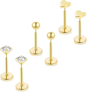 Threadless Flat Back Stud Earrings for Women,14K Gold Push In Cartilage Tragus Helix Earrings for Multiple Piercing,Hypoallergenic Ball CZ Heart Surgical Steel Earrings for Sensitive Ears
