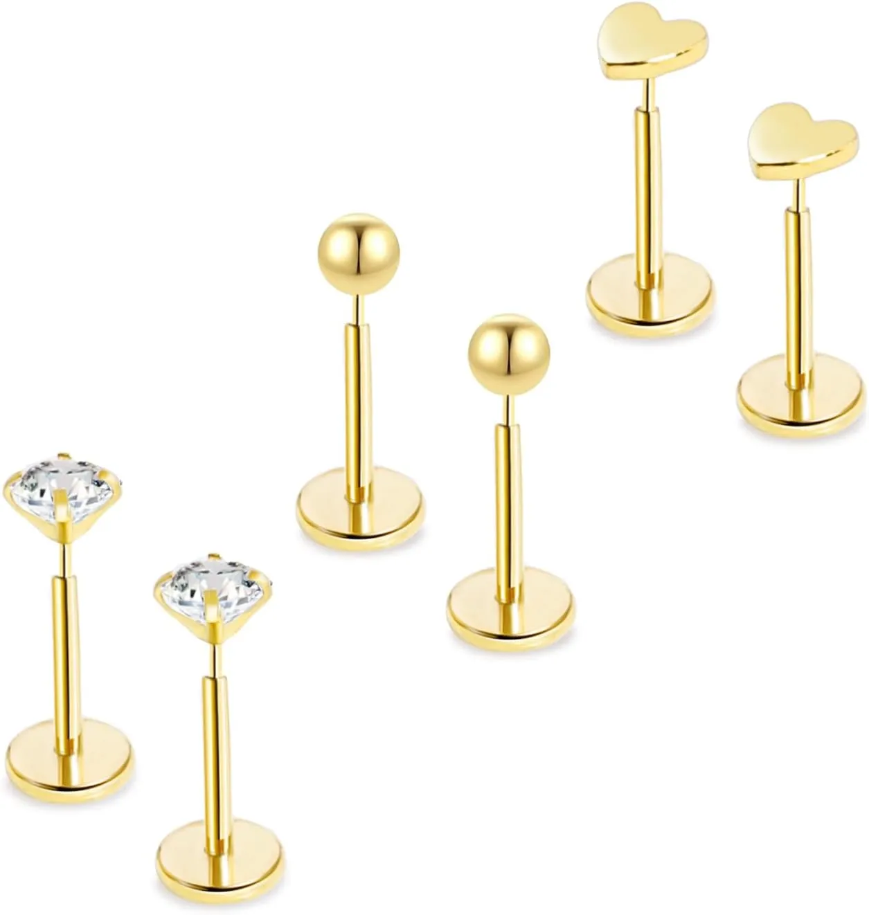 Threadless Flat Back Stud Earrings for Women,14K Gold Push In Cartilage Tragus Helix Earrings for Multiple Piercing,Hypoallergenic Ball CZ Heart Surgical Steel Earrings for Sensitive Ears
