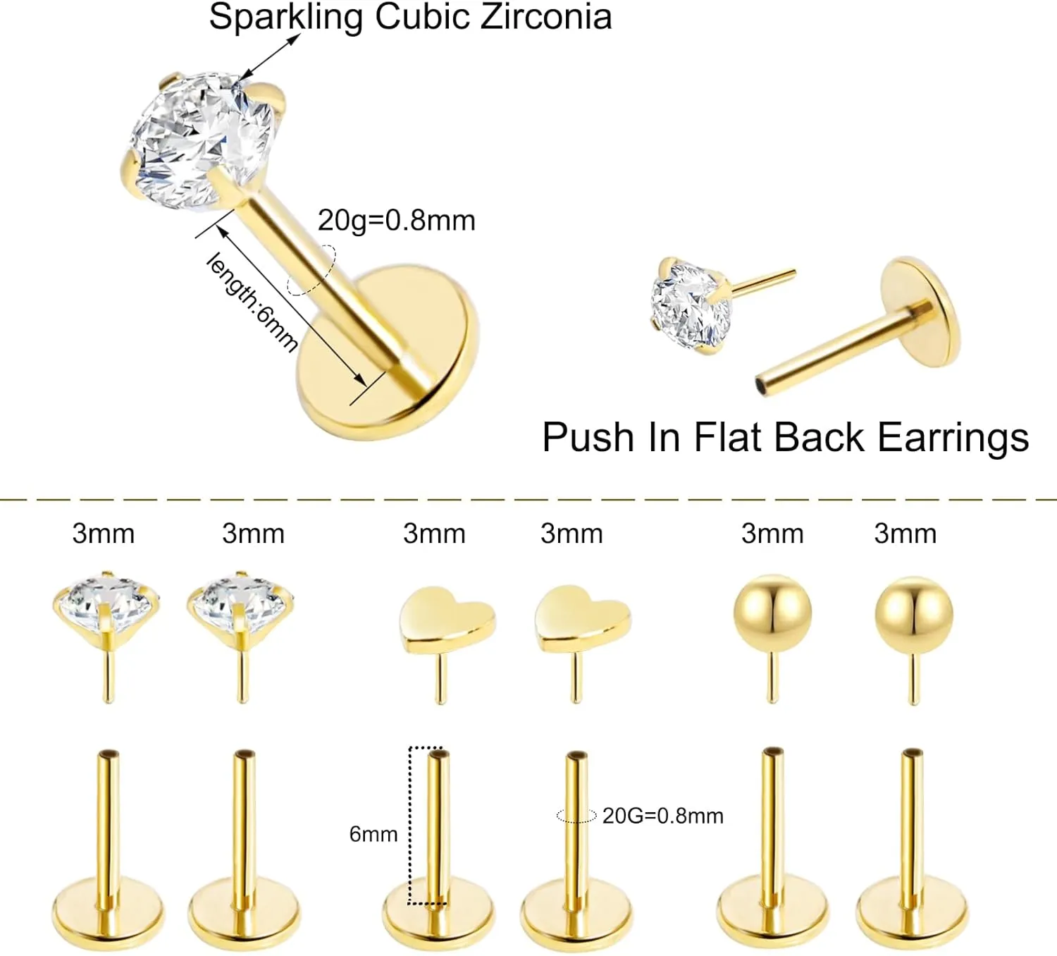 Threadless Flat Back Stud Earrings for Women,14K Gold Push In Cartilage Tragus Helix Earrings for Multiple Piercing,Hypoallergenic Ball CZ Heart Surgical Steel Earrings for Sensitive Ears