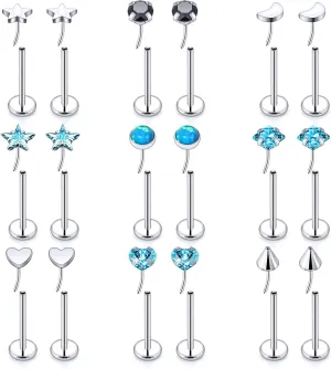 Threadless Noses Rings, Flat Back Earrings, 20G-Gauge 5/16in-Post 3mm-Top, 9Pairs Hypoallergenic Surgical Steel Cartilage Helix Tragus Conch Piercing Jewelry for Women Men.