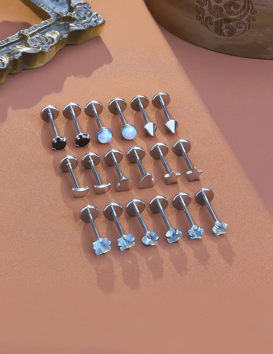 Threadless Noses Rings, Flat Back Earrings, 20G-Gauge 5/16in-Post 3mm-Top, 9Pairs Hypoallergenic Surgical Steel Cartilage Helix Tragus Conch Piercing Jewelry for Women Men.