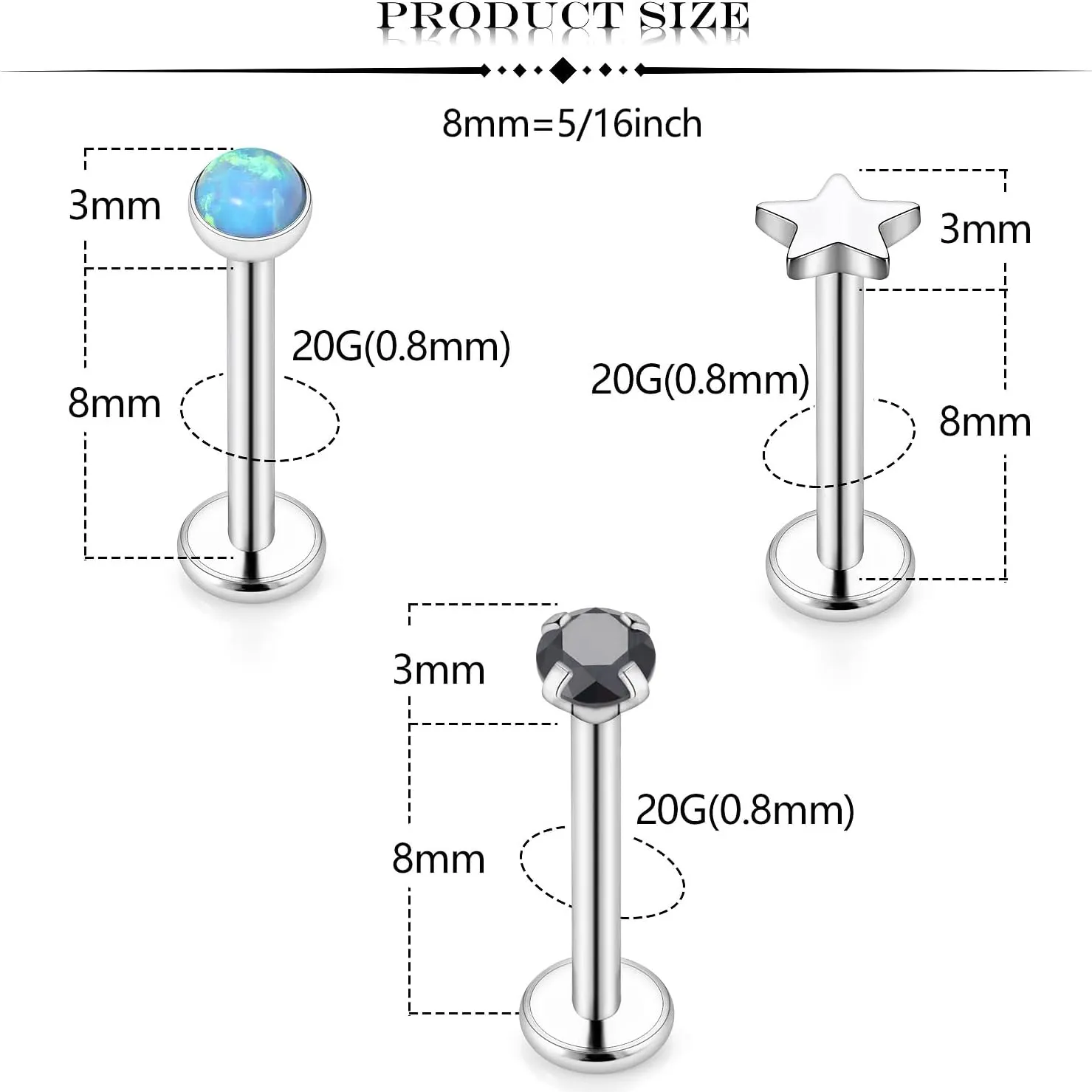 Threadless Noses Rings, Flat Back Earrings, 20G-Gauge 5/16in-Post 3mm-Top, 9Pairs Hypoallergenic Surgical Steel Cartilage Helix Tragus Conch Piercing Jewelry for Women Men.