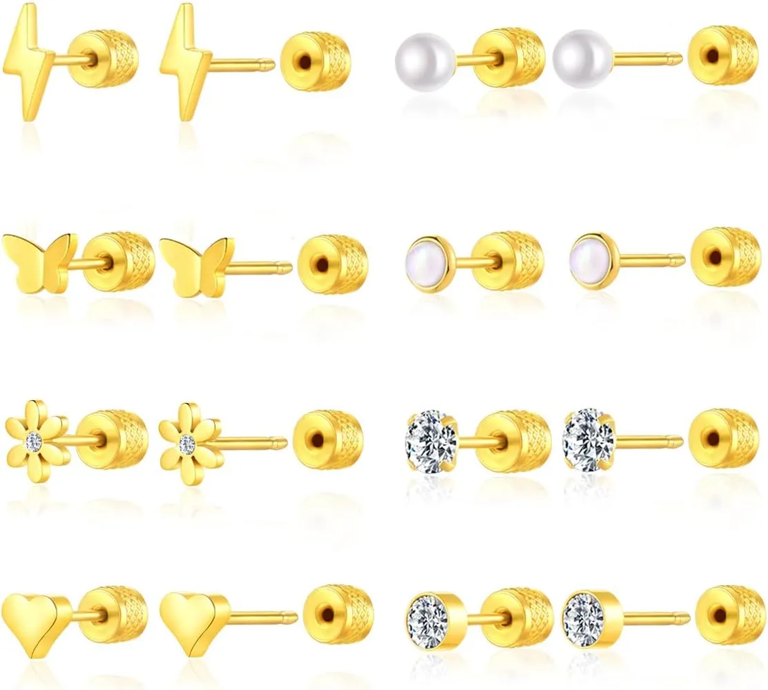 Threadless Push in Stud Earrings for Women Men Flat Back Hypoallergenic Surgical Steel Cartilage Helix Tragus Earlobe Piercings