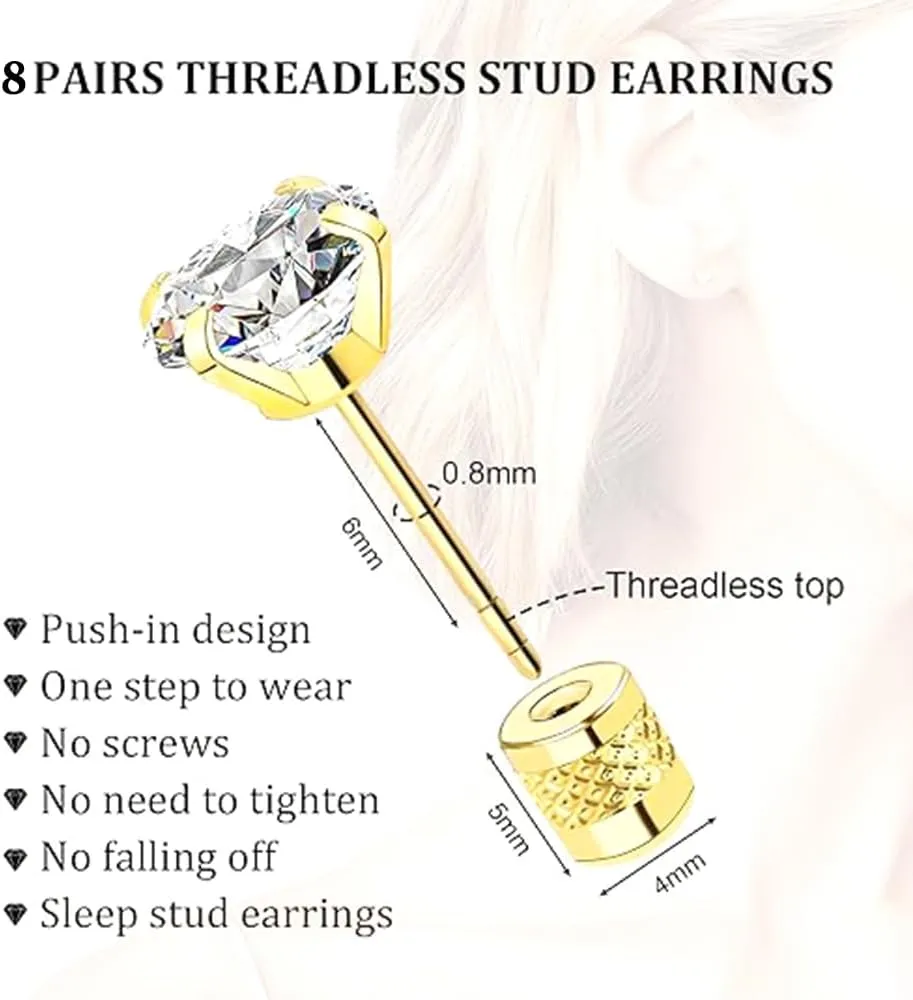 Threadless Push in Stud Earrings for Women Men Flat Back Hypoallergenic Surgical Steel Cartilage Helix Tragus Earlobe Piercings