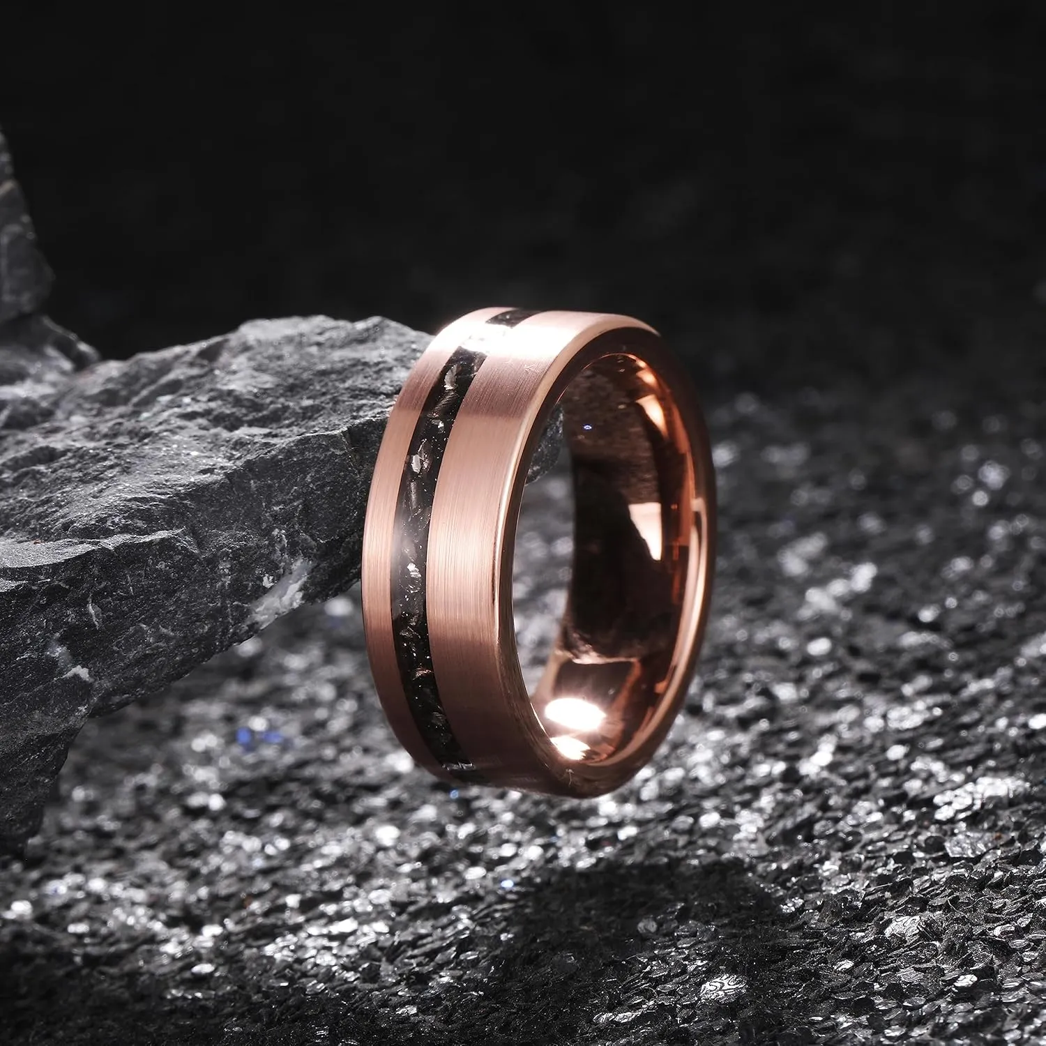 THREE KEYS JEWELRY 4mm/8mm Black/Gold/Rose Gold Tungsten Ring Wedding Band Engagement Ring Custom Ring for Men Women Couple Comfort Fit Matte Finish Edge Center Inlay Silver Shreds/Red Foils