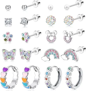 Thunaraz 10 Pairs Hypoallergenic Screwback Earrings for Women 316L Stainless Steel CZ Heart Hoop Earrings Cute Flower Butterfly Screw Back Stud Earrings Set 20G