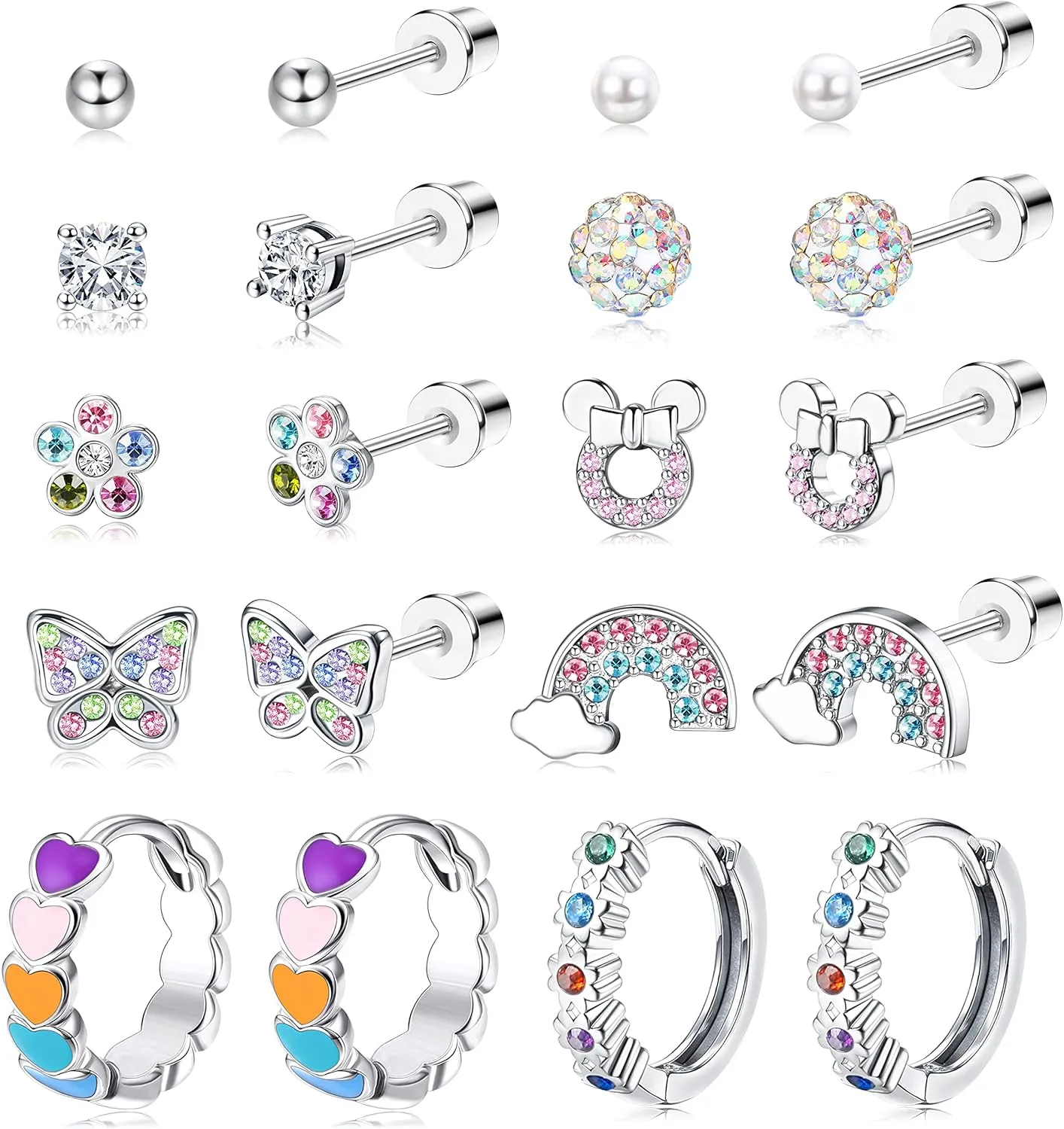 Thunaraz 10 Pairs Hypoallergenic Screwback Earrings for Women 316L Stainless Steel CZ Heart Hoop Earrings Cute Flower Butterfly Screw Back Stud Earrings Set 20G