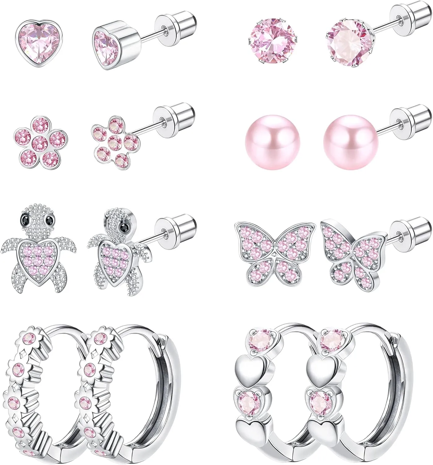 THUNARAZ Hypoallergenic Screwback Earrings Studs for Girls Women 316L Stainless Steel Cute Heart Hoop Earrings CZ Butterfly Turtle Screw Back Stud Earrings 20G