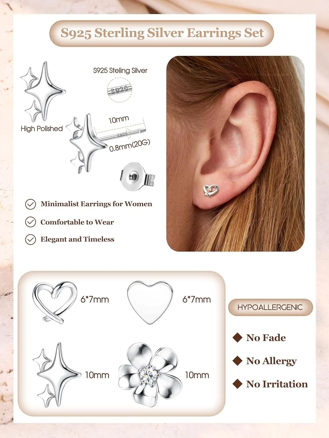 THUNARAZ Hypoallergenic Stud Earrings for Women Sterling Silver Post Earrings for Sensitive Ears Dainty Simple Flower Star Heart Stud Earrings for Women Pierced Earrings Jewelry Gifts