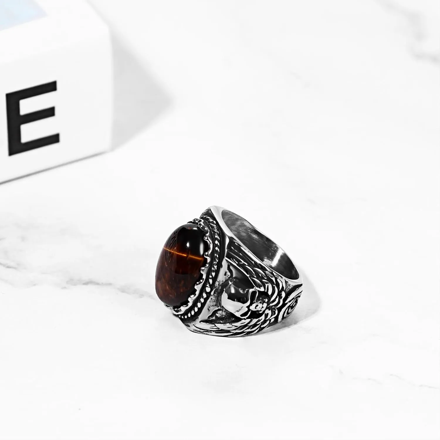 Tiger Eye Skull Biker Ring: Vintage Stainless Steel Statement Ring Band Punk Jewelry Gifts for Men Women