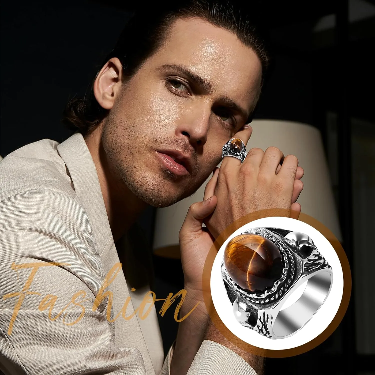 Tiger Eye Skull Biker Ring: Vintage Stainless Steel Statement Ring Band Punk Jewelry Gifts for Men Women