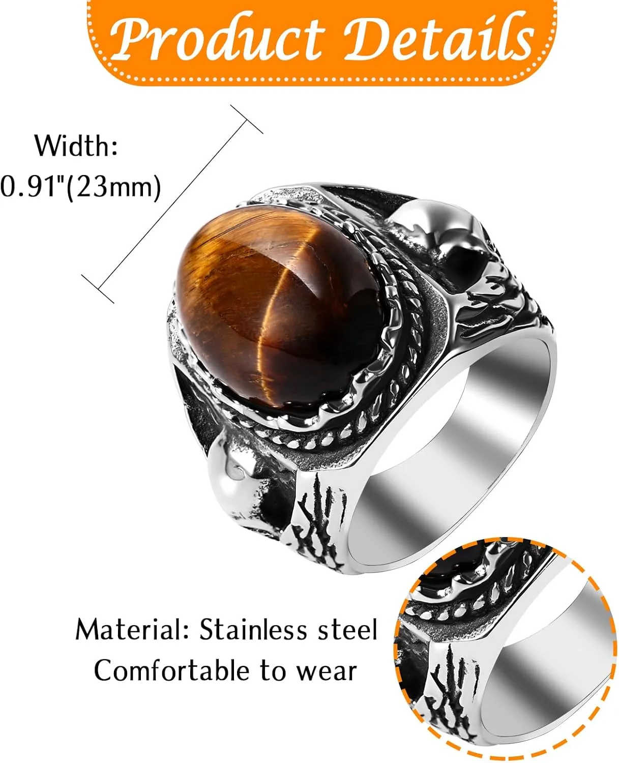 Tiger Eye Skull Biker Ring: Vintage Stainless Steel Statement Ring Band Punk Jewelry Gifts for Men Women