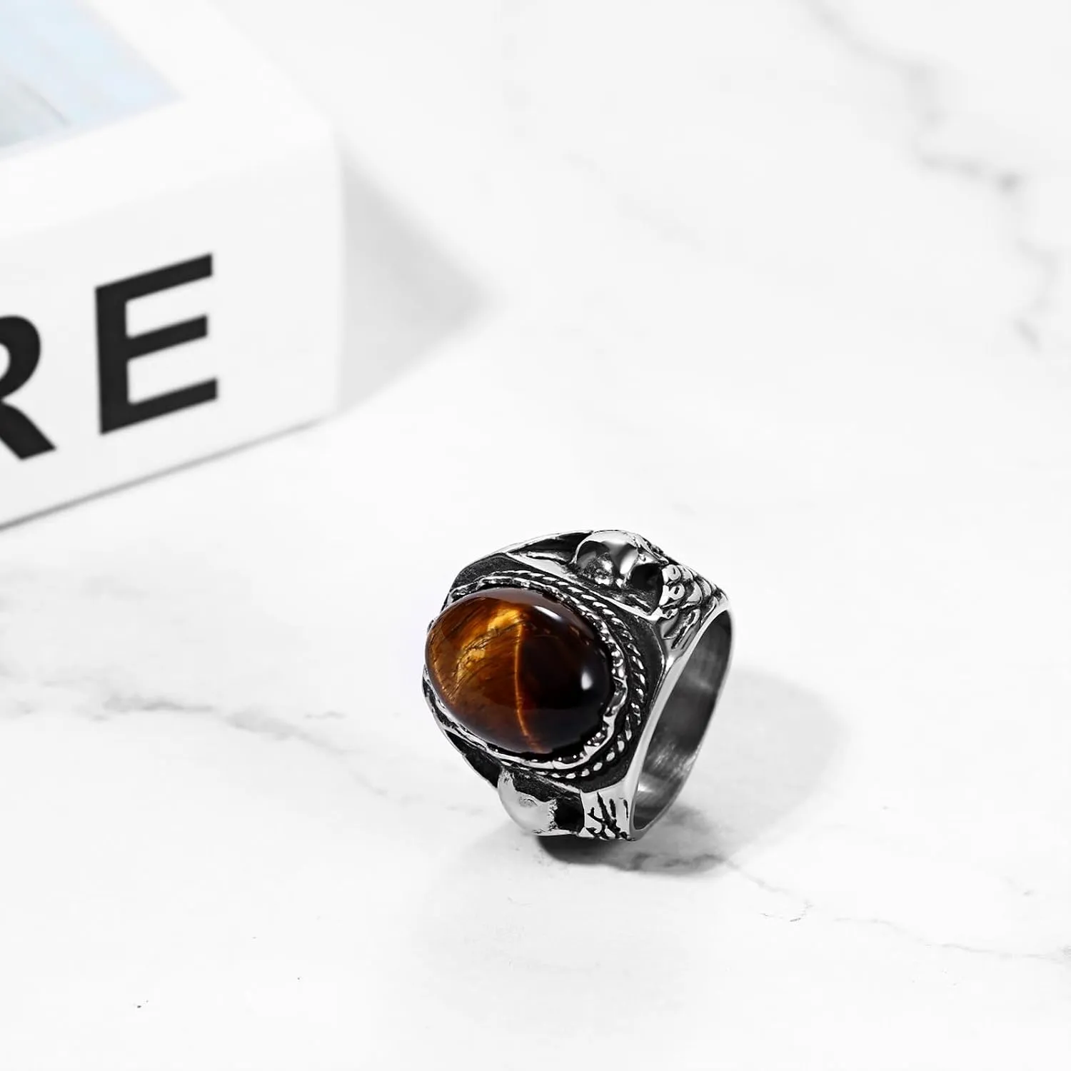 Tiger Eye Skull Biker Ring: Vintage Stainless Steel Statement Ring Band Punk Jewelry Gifts for Men Women