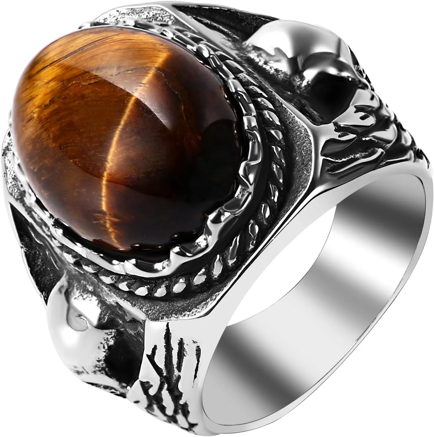 Tiger Eye Skull Biker Ring: Vintage Stainless Steel Statement Ring Band Punk Jewelry Gifts for Men Women