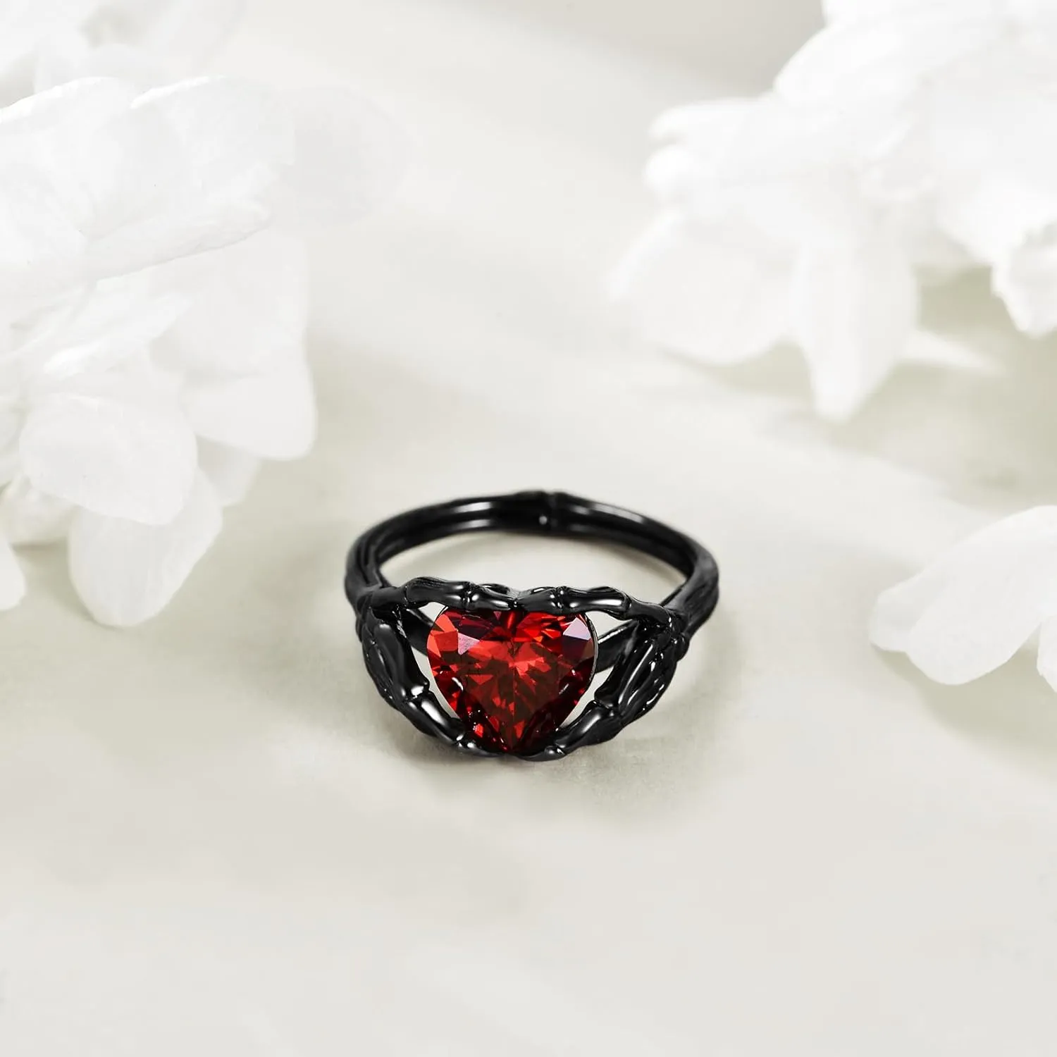 TIGER RIDER Claddagh Ring Sterling Silver Skull Hand Heart Ruby Punk Emo Rings Goth Jewelry Gifts for Women Birthday Halloween