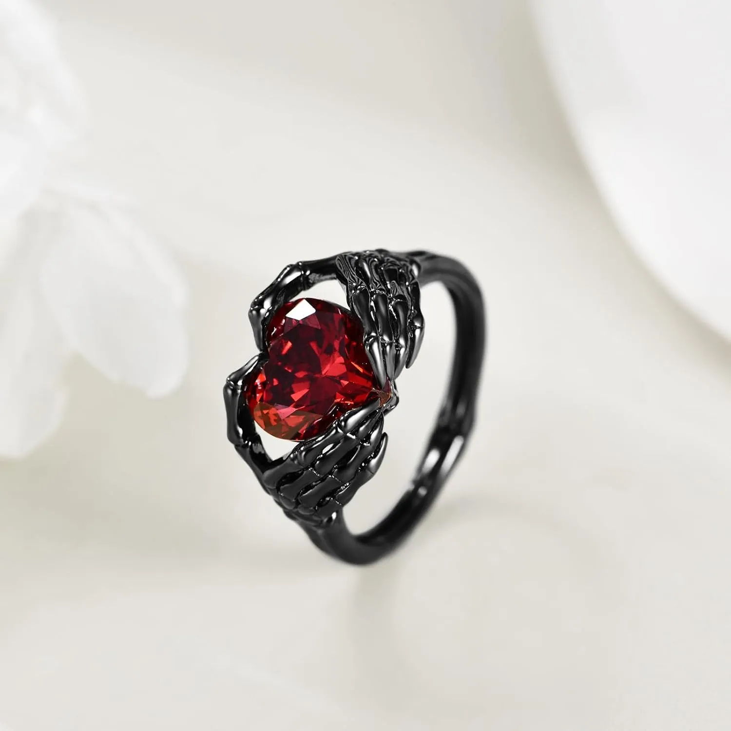 TIGER RIDER Claddagh Ring Sterling Silver Skull Hand Heart Ruby Punk Emo Rings Goth Jewelry Gifts for Women Birthday Halloween