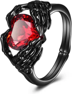TIGER RIDER Claddagh Ring Sterling Silver Skull Hand Heart Ruby Punk Emo Rings Goth Jewelry Gifts for Women Birthday Halloween