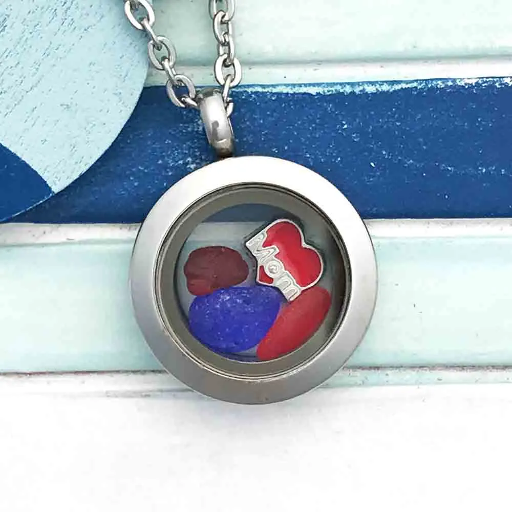 Tiny Bright Red, Deep Red and Cobalt Blue "I Love Mom" Sea Glass Locket | #1576