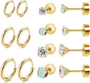 Titanium Earrings for Sensitive Ears - Flat Back Stud & Hoop Earrings Set, Hypoallergenic Surgical Stainless Steel Cubic Zirconia, 7 Pairs