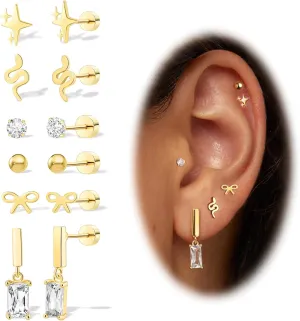 Titanium Flat Back Earrings, 6 Pairs Screw Back Earring for Women Hypoallergenic Earrings 14K Gold & Silver Cartilage Earring Helix Conch Tragus Piercing Jewelry CZ Star Ball Snake Bow Earrings