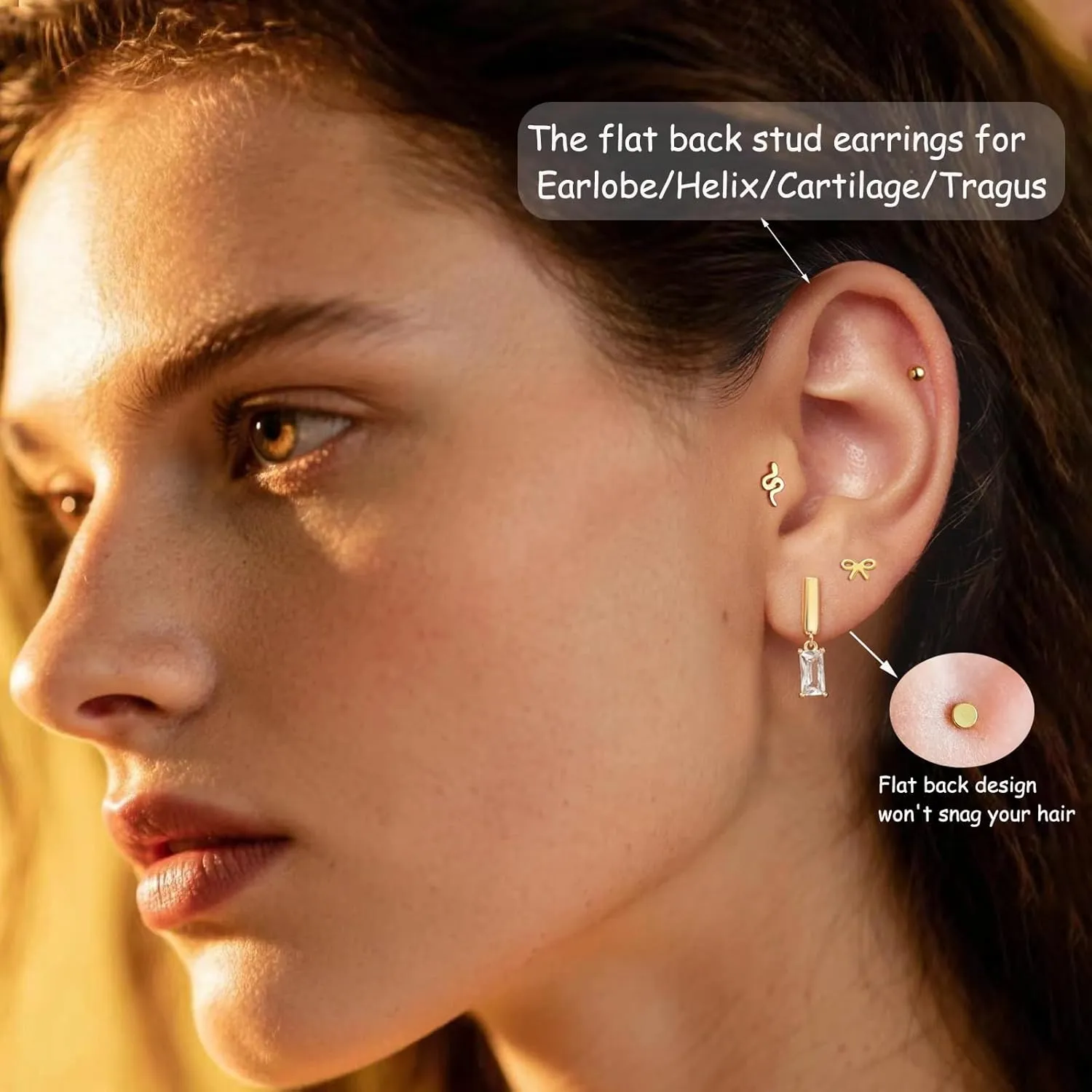 Titanium Flat Back Earrings, 6 Pairs Screw Back Earring for Women Hypoallergenic Earrings 14K Gold & Silver Cartilage Earring Helix Conch Tragus Piercing Jewelry CZ Star Ball Snake Bow Earrings